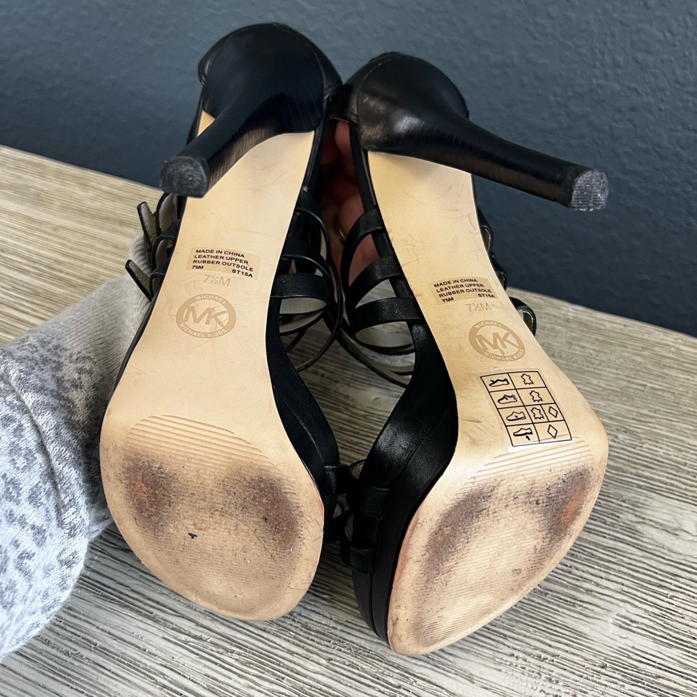 Michael Kors Ava Black Strappy Heels Gold Buckles - Picture 6 of 7